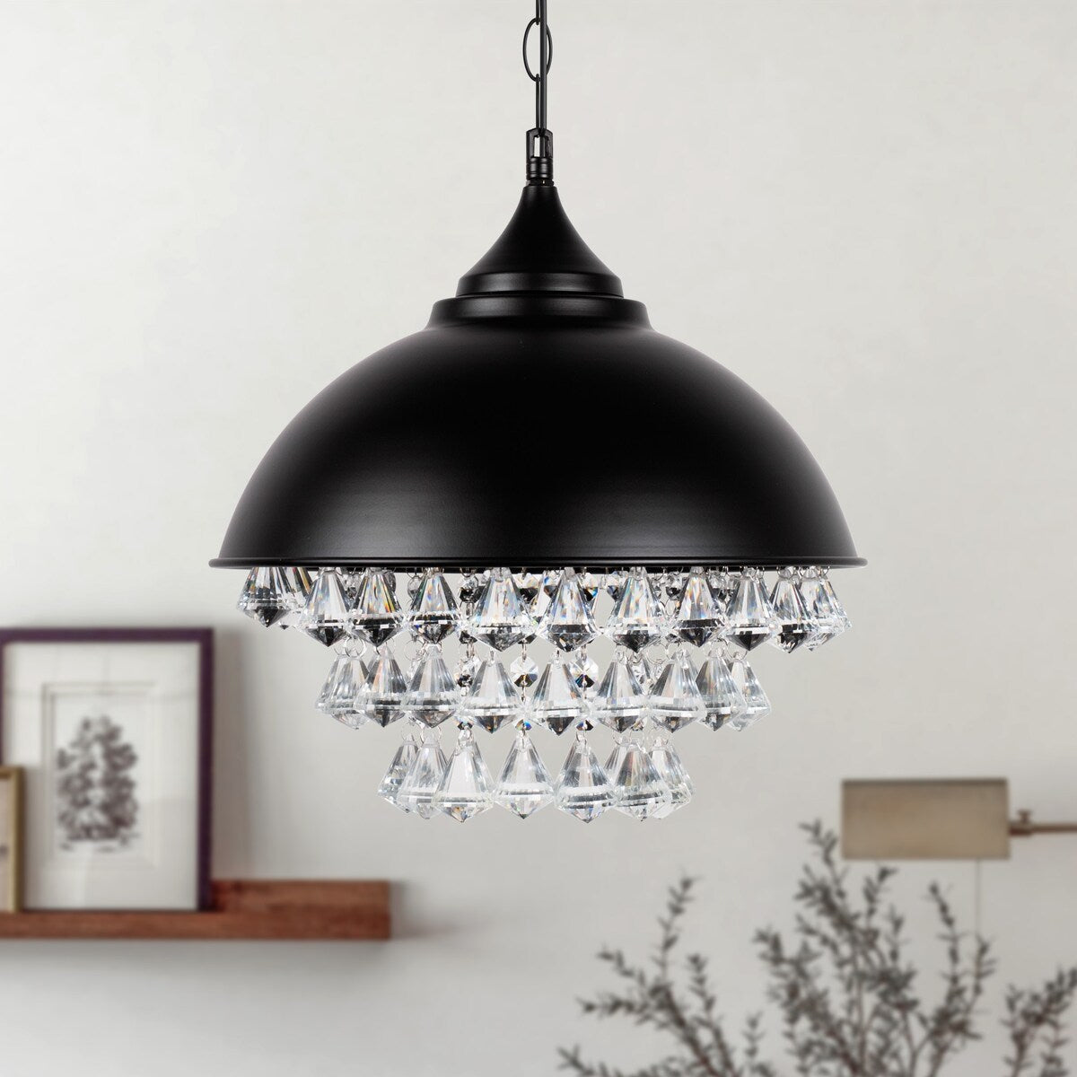 YANSUN 1-Light Crystal Black Metal Dome Industrial Pendant Light Modern Rustic Chandelier for Kitchen Foyer Hallway - 13 in
