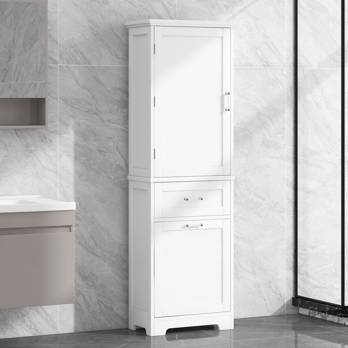 13 in. W x 20 in. D x 68.1 in. H Linen Cabinet with Two Different Size Drawers and Adjustable Shelf
