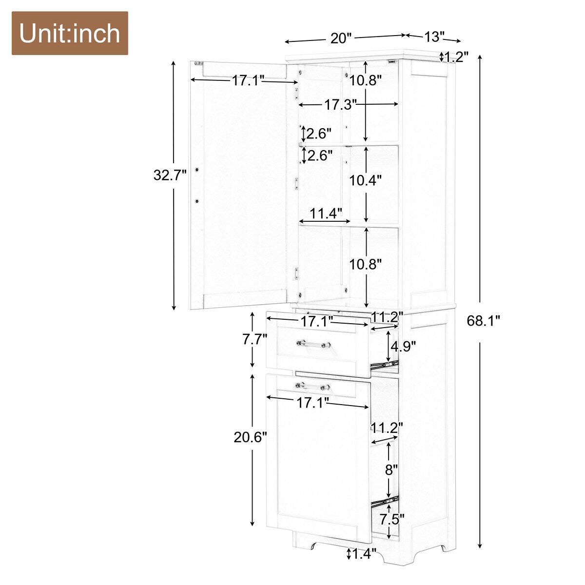 13 in. W x 20 in. D x 68.1 in. H Linen Cabinet with Two Different Size Drawers and Adjustable Shelf