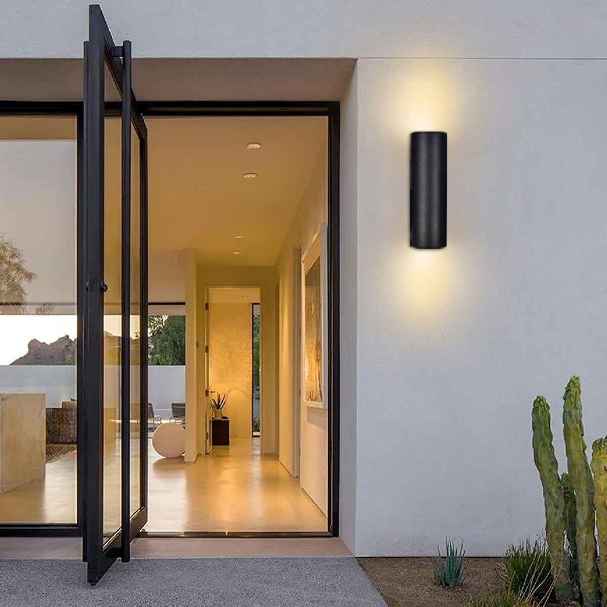 13.4 in. 2-Light Modern Industrial Black Linear Cylinder Waterproof IP54 Outdoor Lantern Wall Sconces