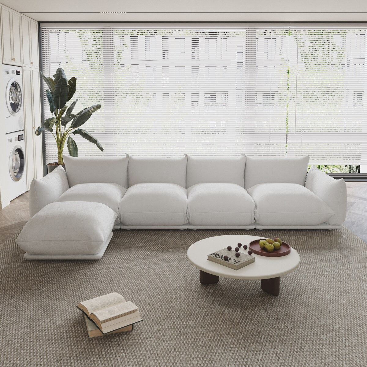 130.7” L-shape Chenille Modular Sofa Modern Sectional Semi-firm Sofa Couch with Ottoman