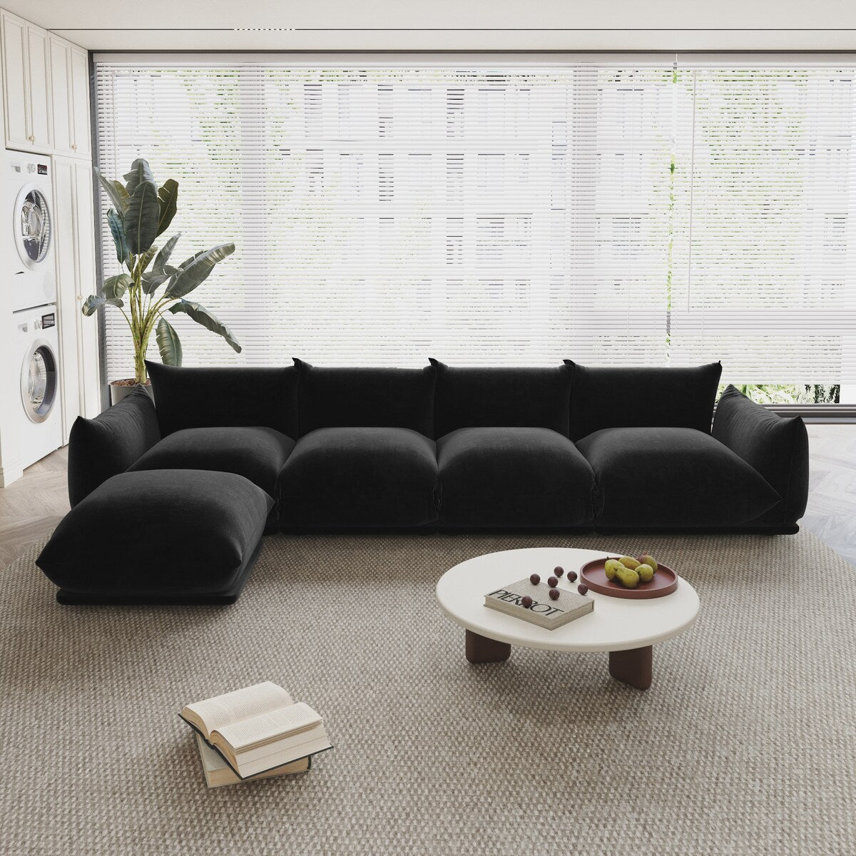 130.7” L-shape Chenille Modular Sofa Modern Sectional Semi-firm Sofa Couch with Ottoman