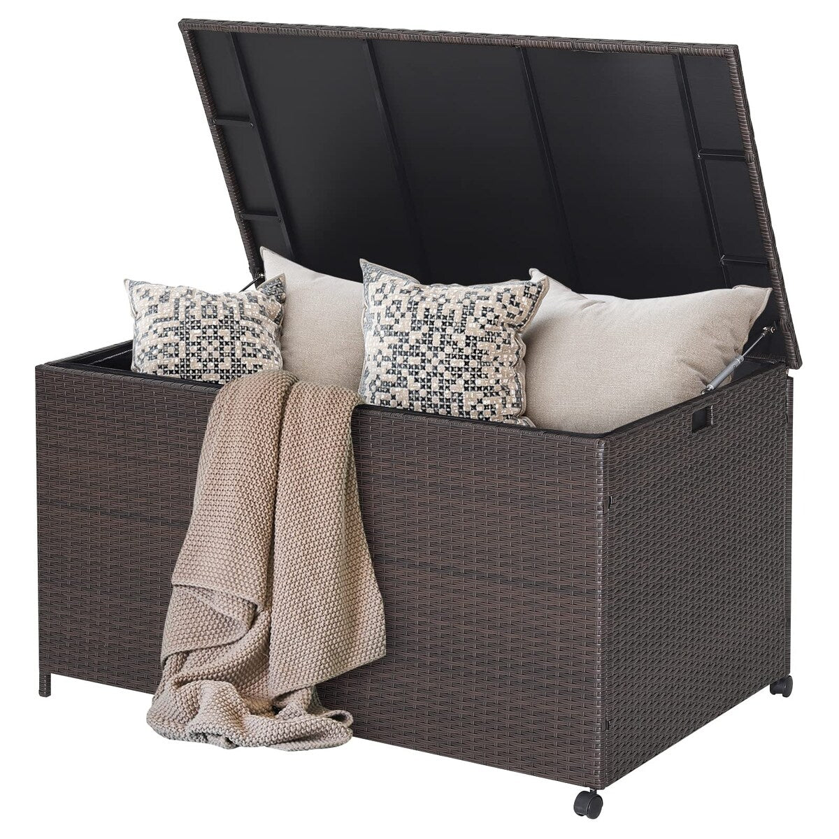 133 Gallon Deck Storage Box, Patio Rattan Storage Container with 2 Universal Wheels, Safety Pneumatic Rod, Sturdy Steel Frame