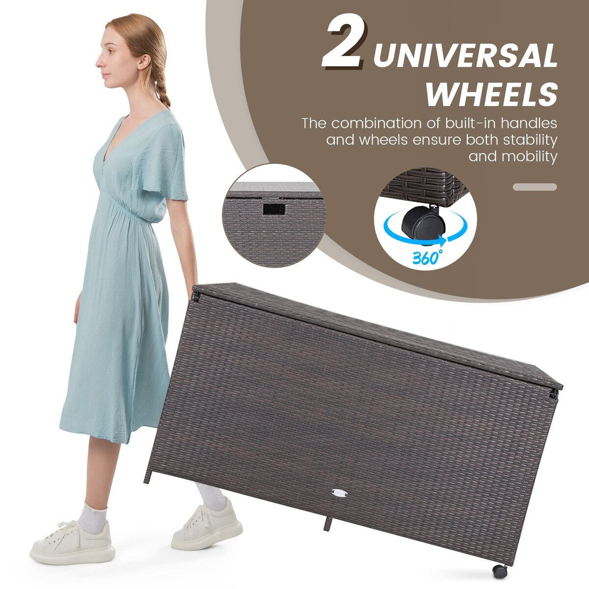 133 Gallon Deck Storage Box, Patio Rattan Storage Container with 2 Universal Wheels, Safety Pneumatic Rod, Sturdy Steel Frame
