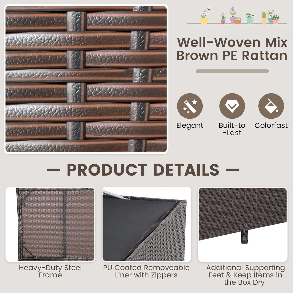 133 Gallon Deck Storage Box, Patio Rattan Storage Container with 2 Universal Wheels, Safety Pneumatic Rod, Sturdy Steel Frame