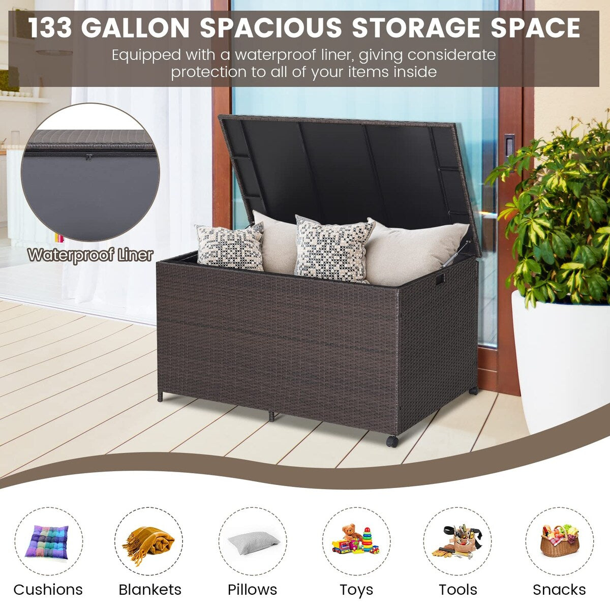 133 Gallon Deck Storage Box, Patio Rattan Storage Container with 2 Universal Wheels, Safety Pneumatic Rod, Sturdy Steel Frame