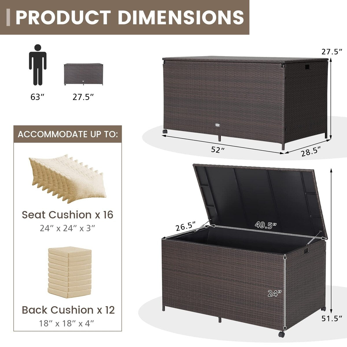 133 Gallon Deck Storage Box, Patio Rattan Storage Container with 2 Universal Wheels, Safety Pneumatic Rod, Sturdy Steel Frame