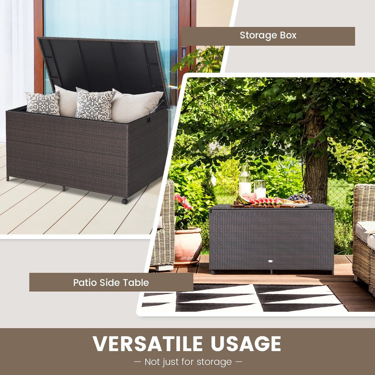133 Gallon Deck Storage Box, Patio Rattan Storage Container with 2 Universal Wheels, Safety Pneumatic Rod, Sturdy Steel Frame
