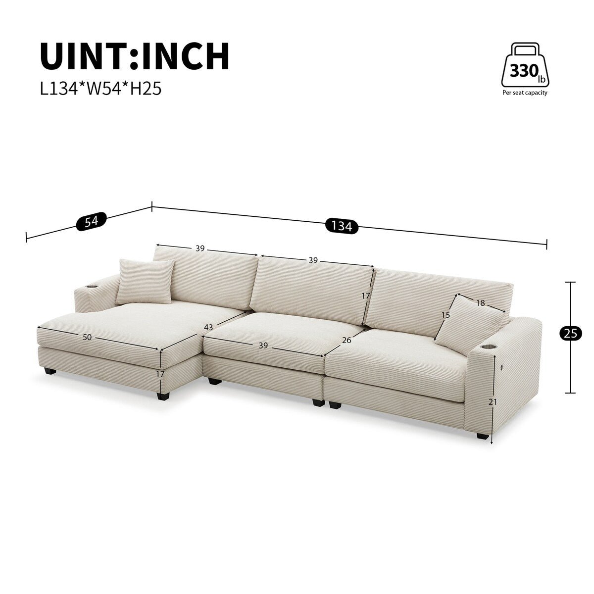 134*54"Oversized Corduroy Sectional Sofa