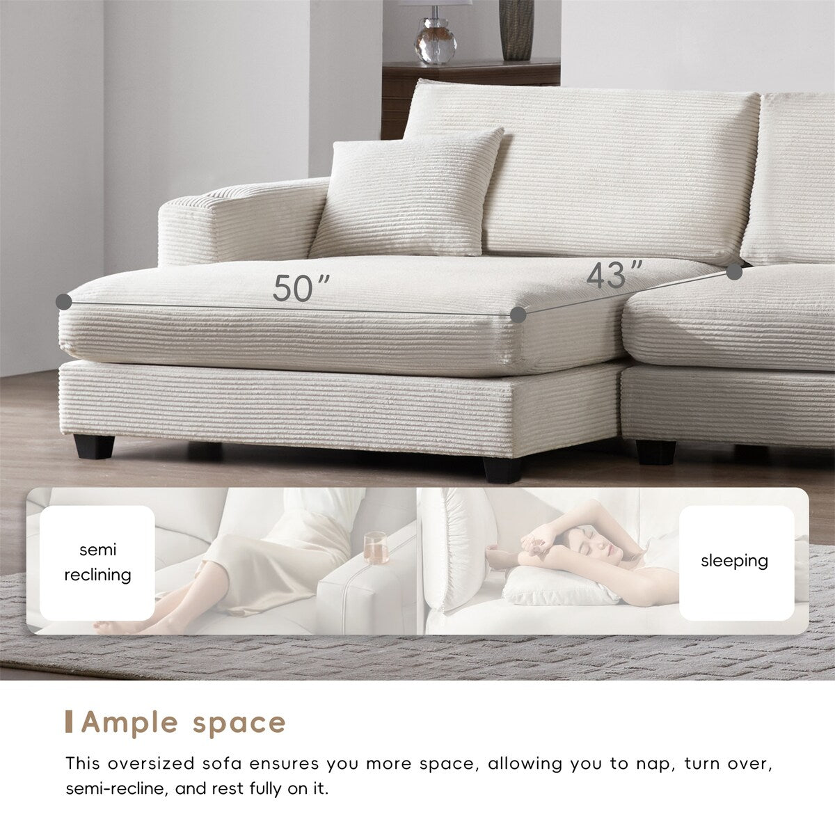 134*54"Oversized Corduroy Sectional Sofa
