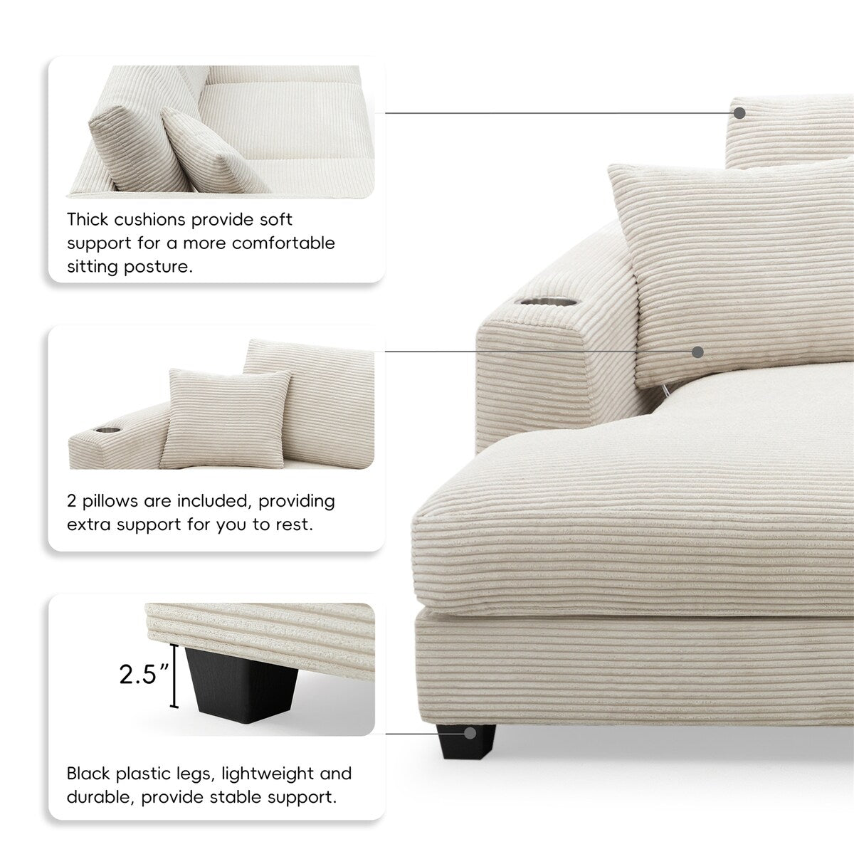 134*54"Oversized Corduroy Sectional Sofa