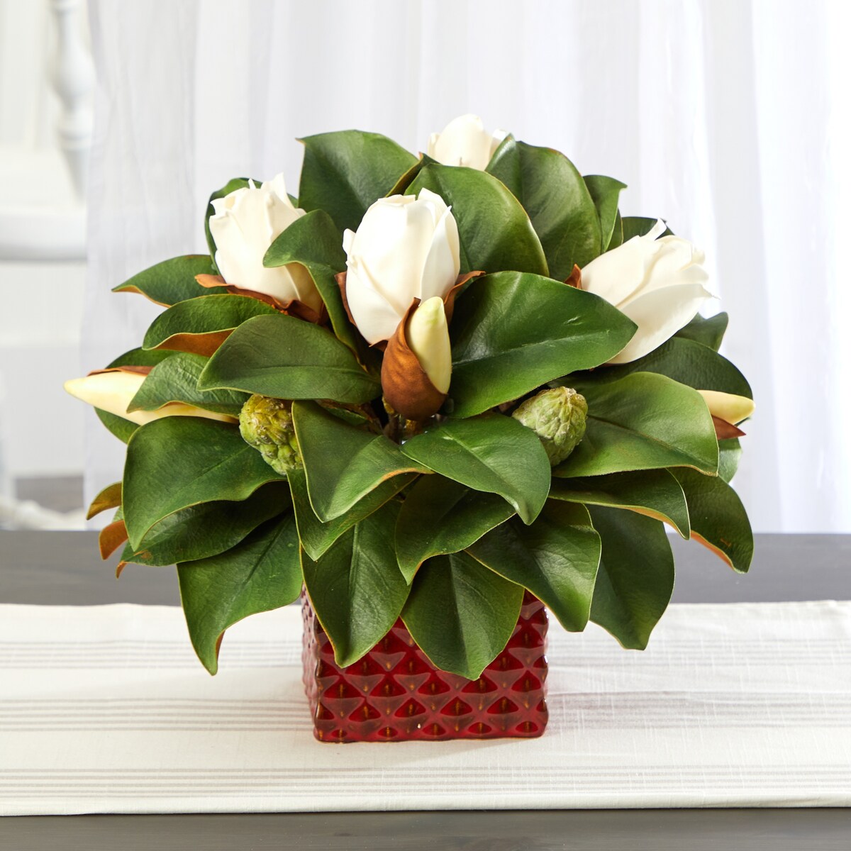 13" Magnolia Bud Artificial Plant in Red Planter