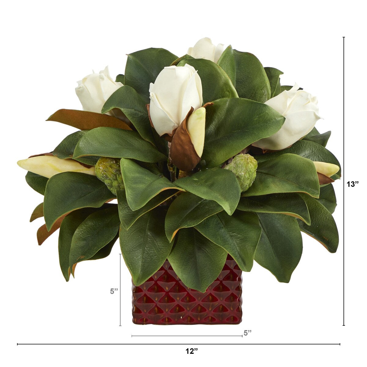 13" Magnolia Bud Artificial Plant in Red Planter