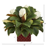 13" Magnolia Bud Artificial Plant in Red Planter