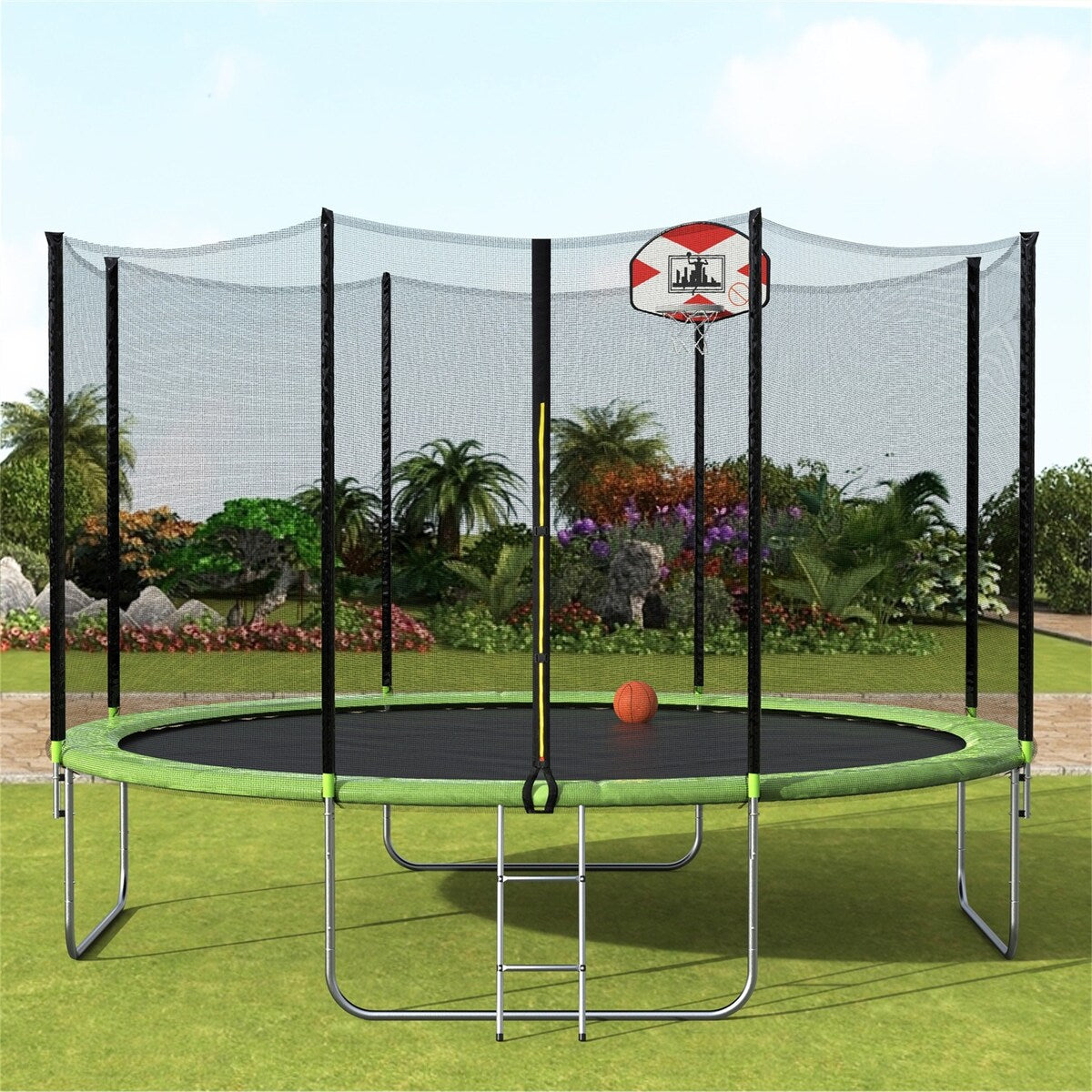 14-Feet Round Trampoline with Safety Enclosure, Basketball Hoop and Ladder