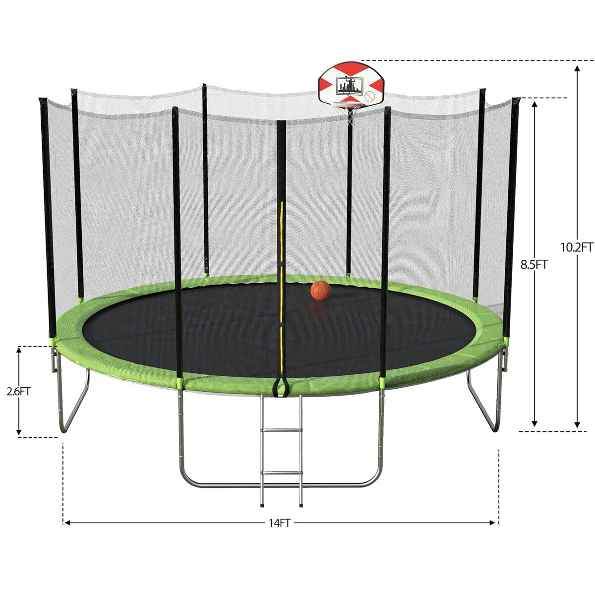 14-Feet Round Trampoline with Safety Enclosure, Basketball Hoop and Ladder