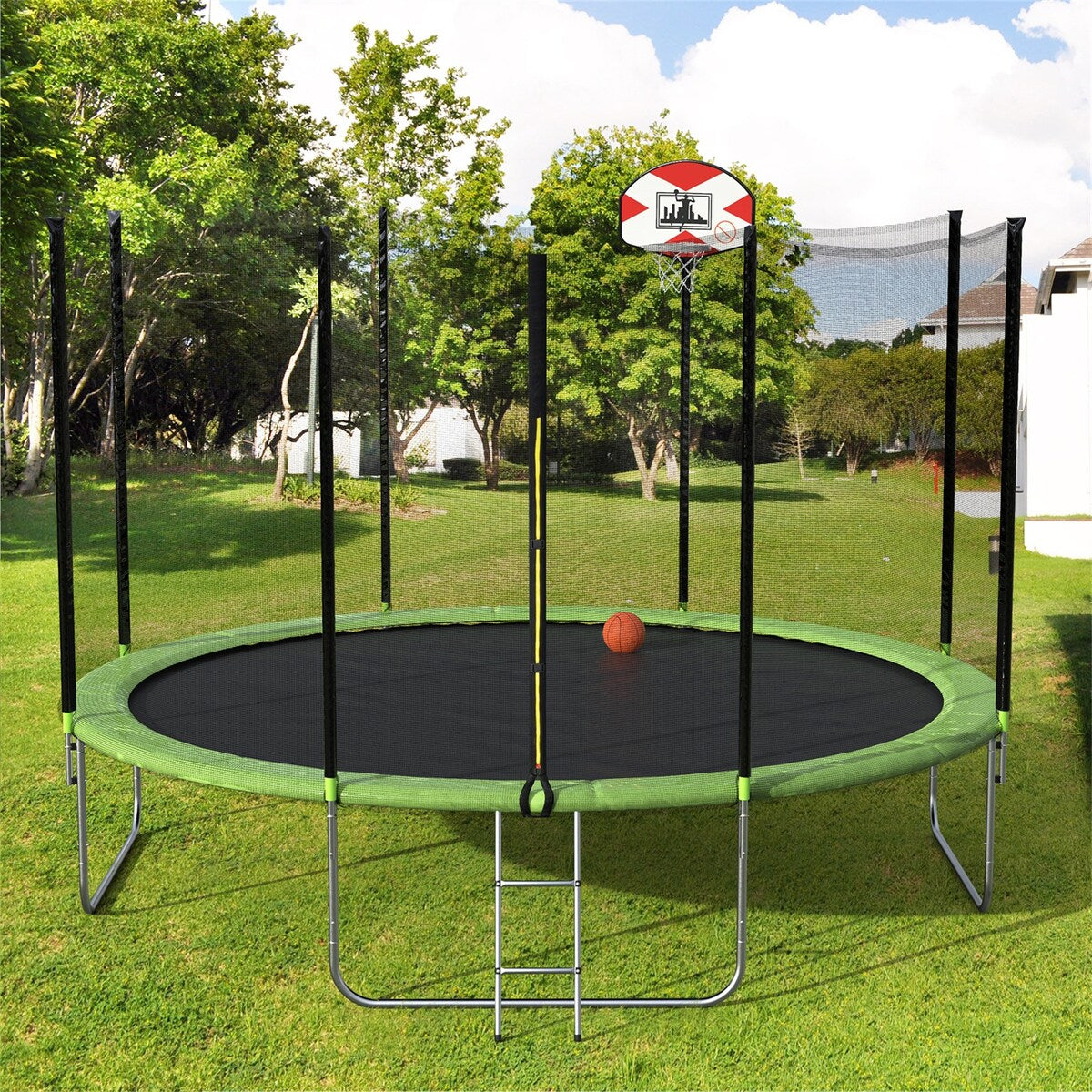 14-Feet Round Trampoline with Safety Enclosure, Basketball Hoop and Ladder