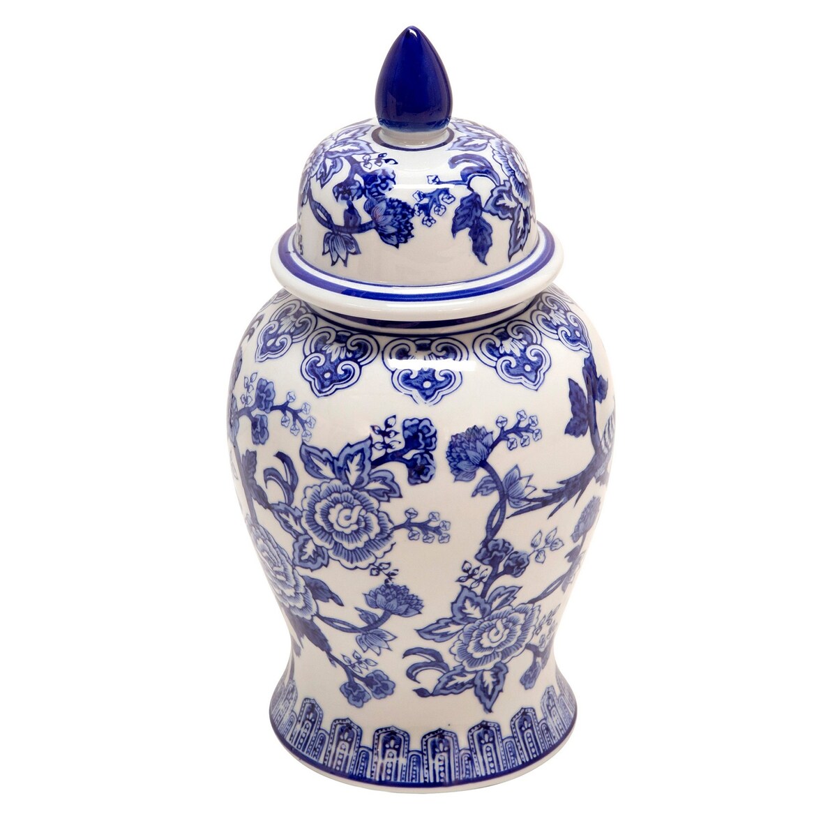 14 Inch Ceramic Temple Jar with Floral Print, Blue and White
