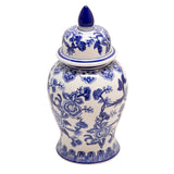 14 Inch Ceramic Temple Jar with Floral Print, Blue and White