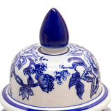 14 Inch Ceramic Temple Jar with Floral Print, Blue and White