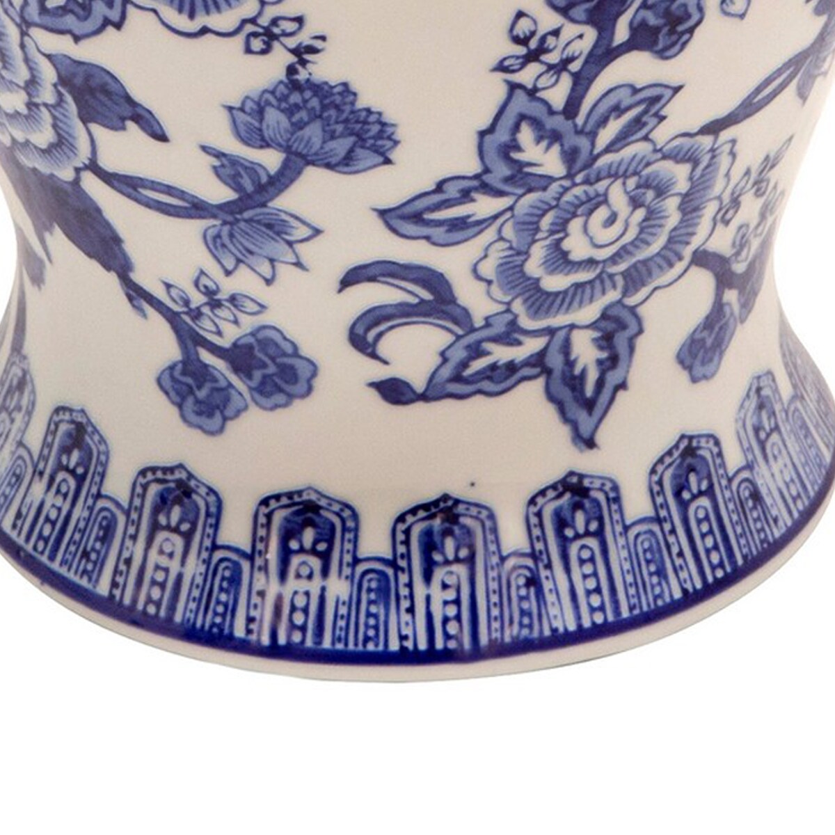 14 Inch Ceramic Temple Jar with Floral Print, Blue and White