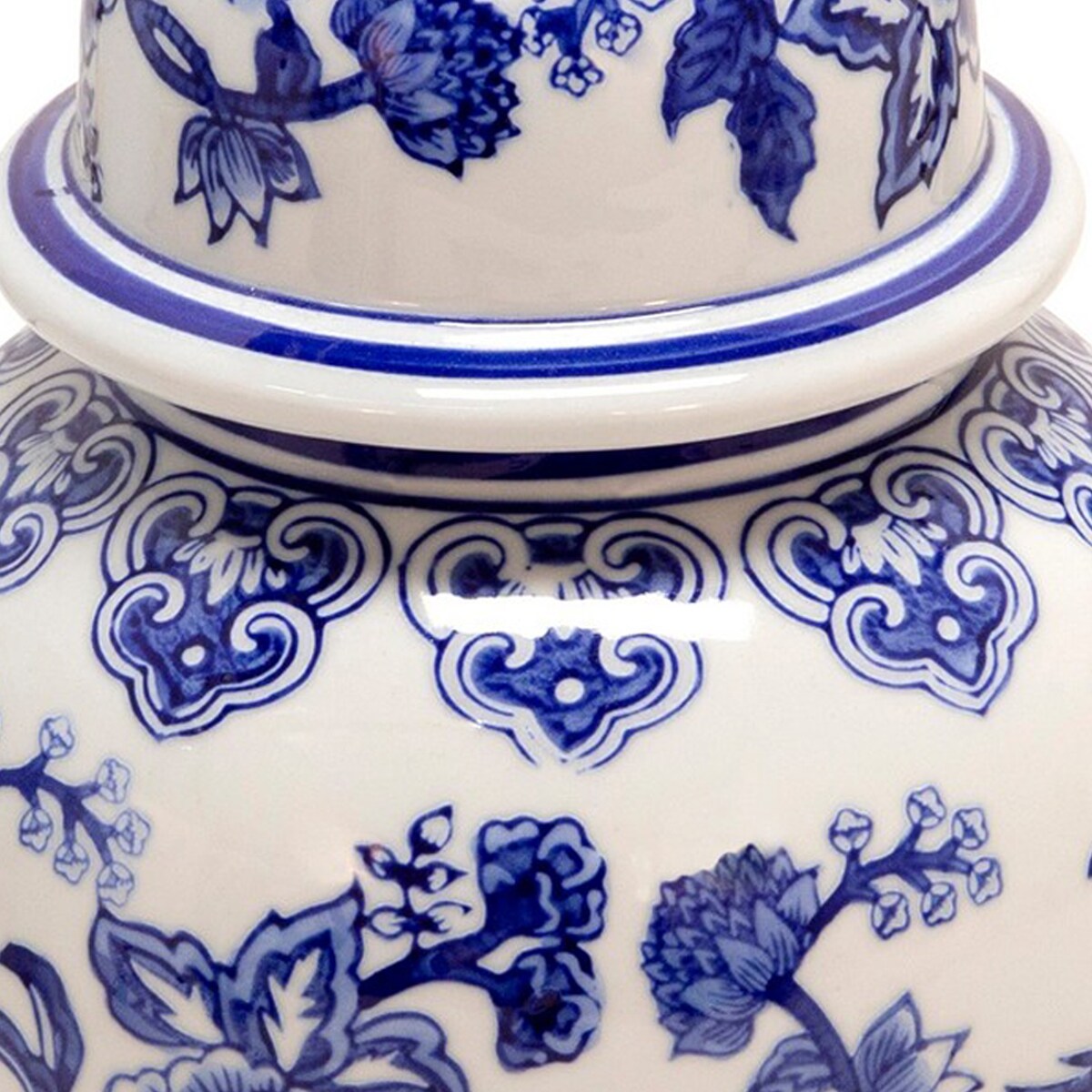 14 Inch Ceramic Temple Jar with Floral Print, Blue and White