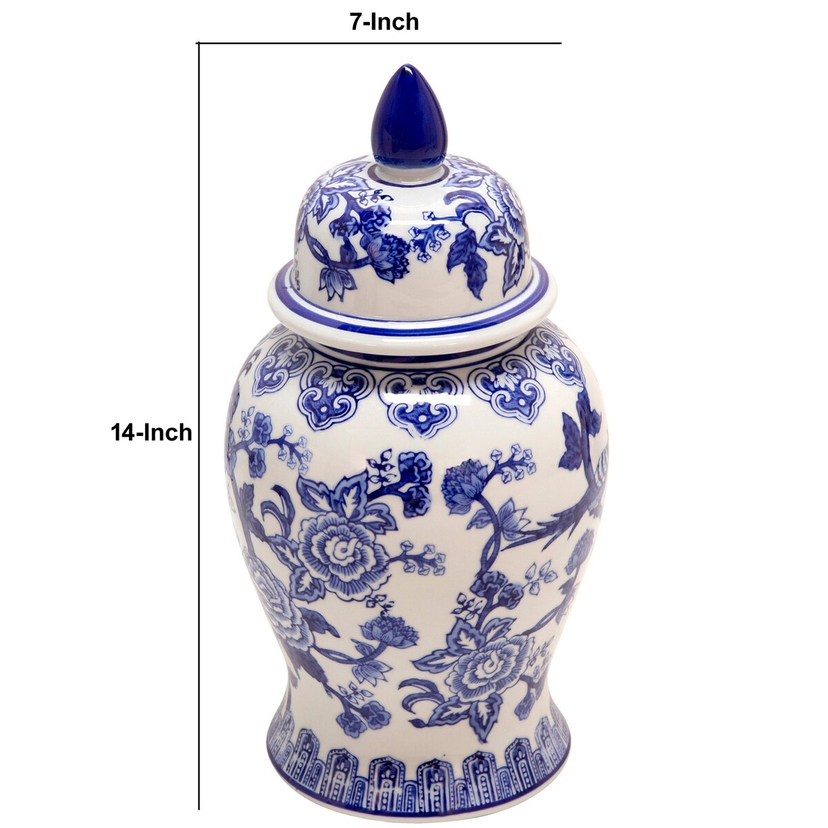 14 Inch Ceramic Temple Jar with Floral Print, Blue and White