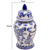 14 Inch Ceramic Temple Jar with Floral Print, Blue and White