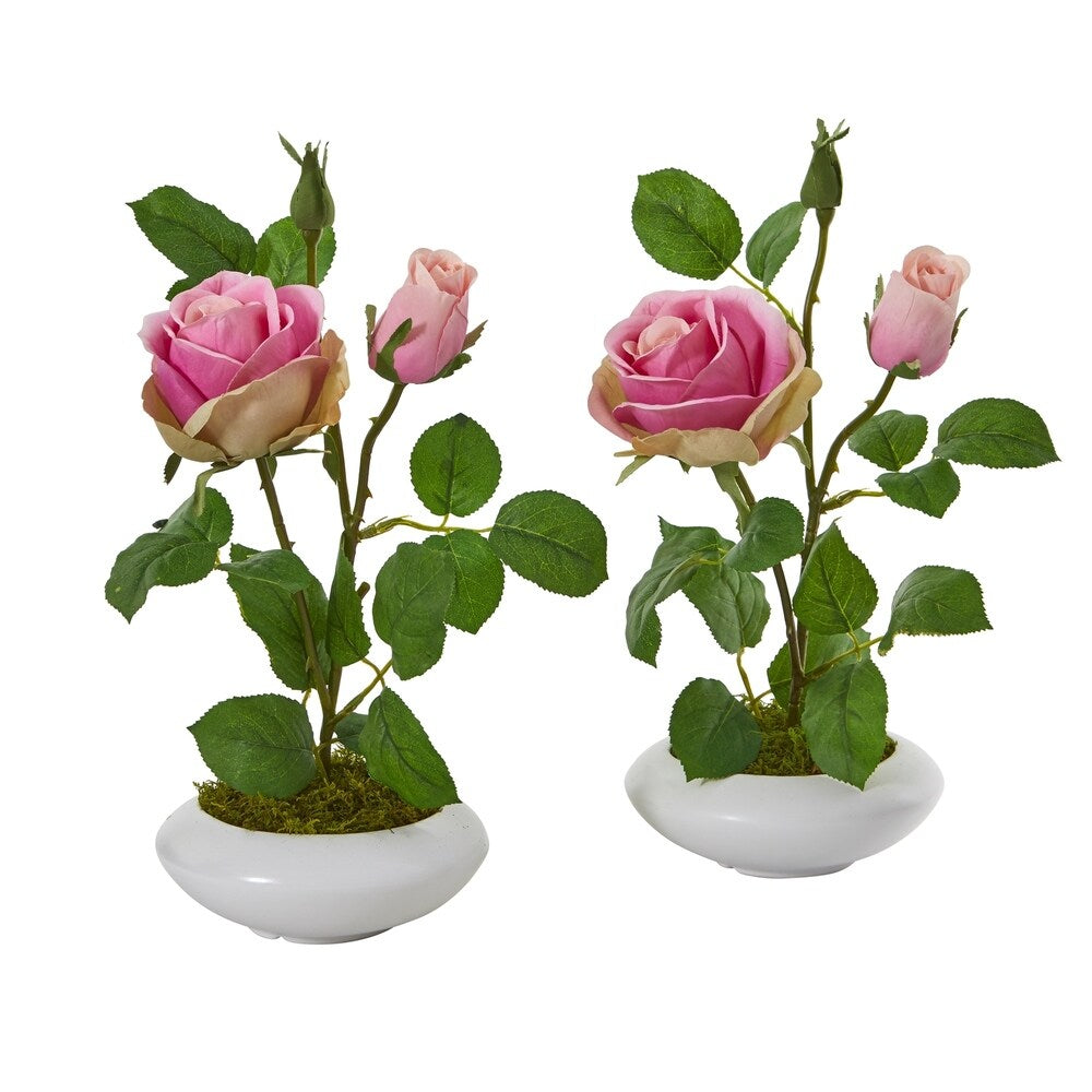14" Rose Artificial Arrangement in White Vase (Set of 2)