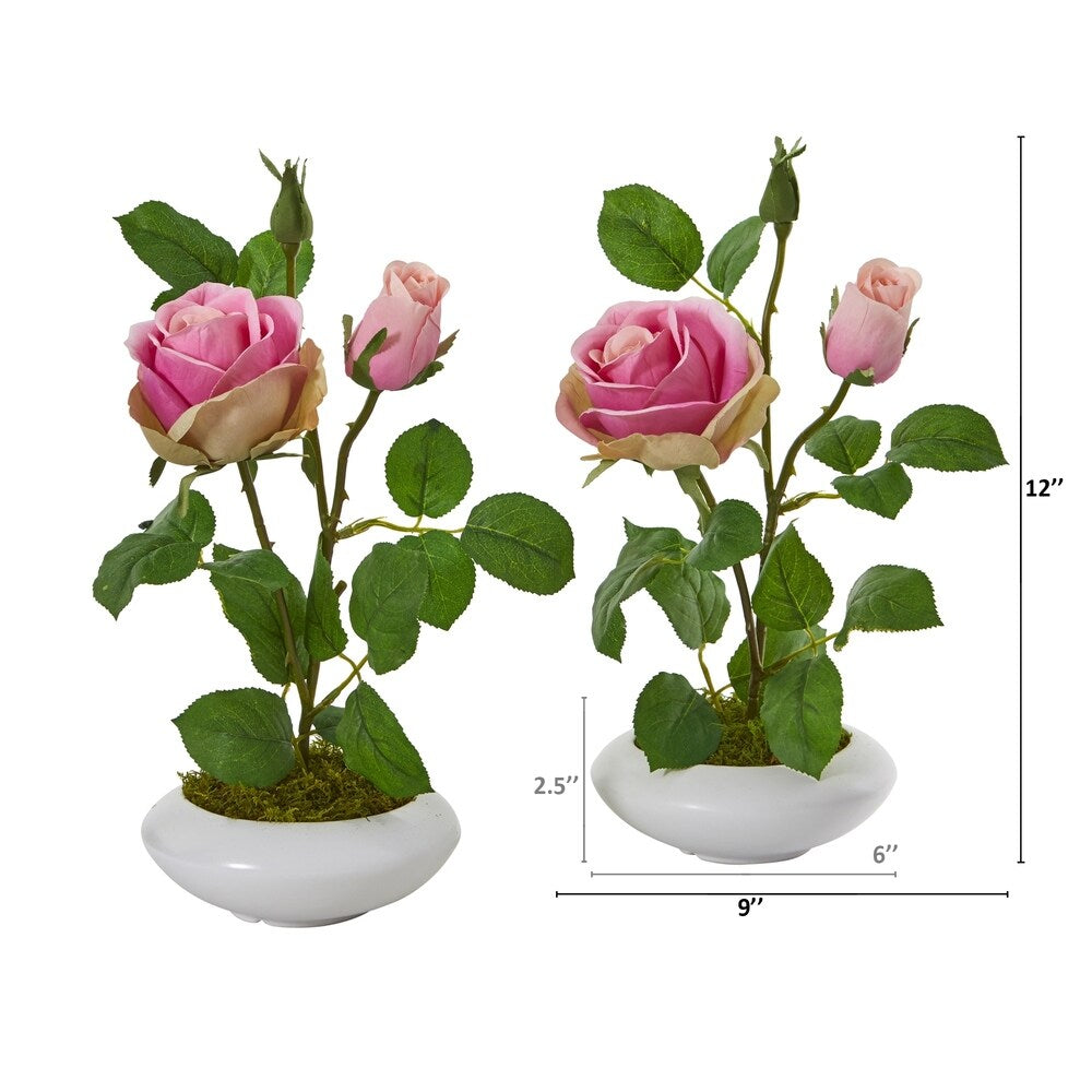 14" Rose Artificial Arrangement in White Vase (Set of 2)