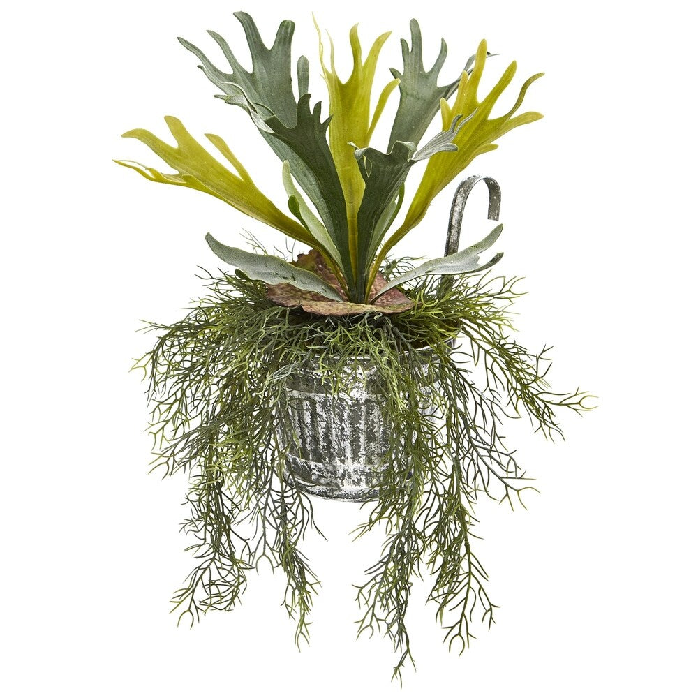 14" Staghorn and Tillandsia Artificial Plant in Vintage Hanging Metal Pail