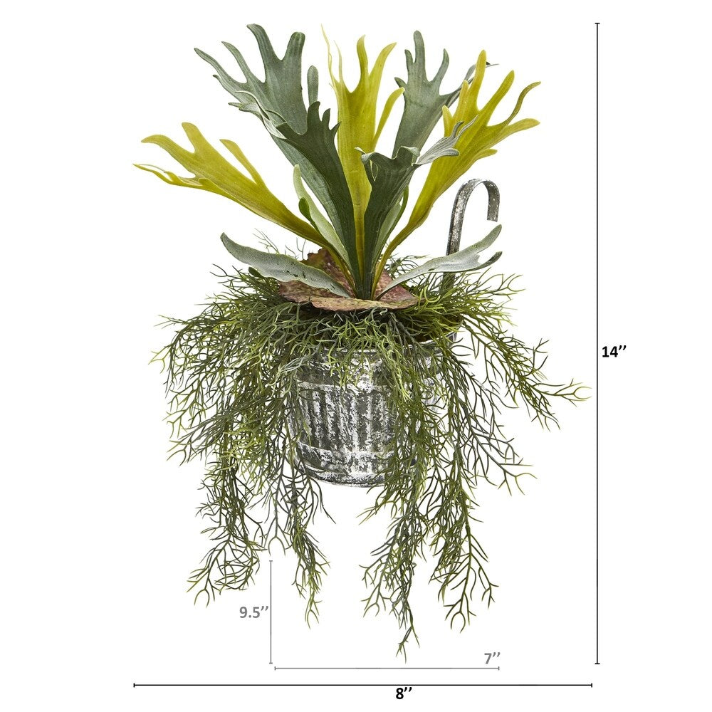 14" Staghorn and Tillandsia Artificial Plant in Vintage Hanging Metal Pail