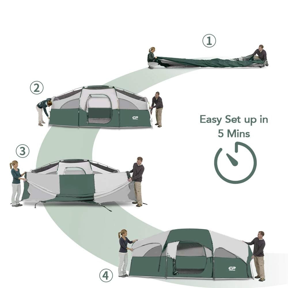 14 ft. x 9 ft. 8 Person Double Layer Camping Tent with Divided Curtain, Mesh Window and Carry Bag