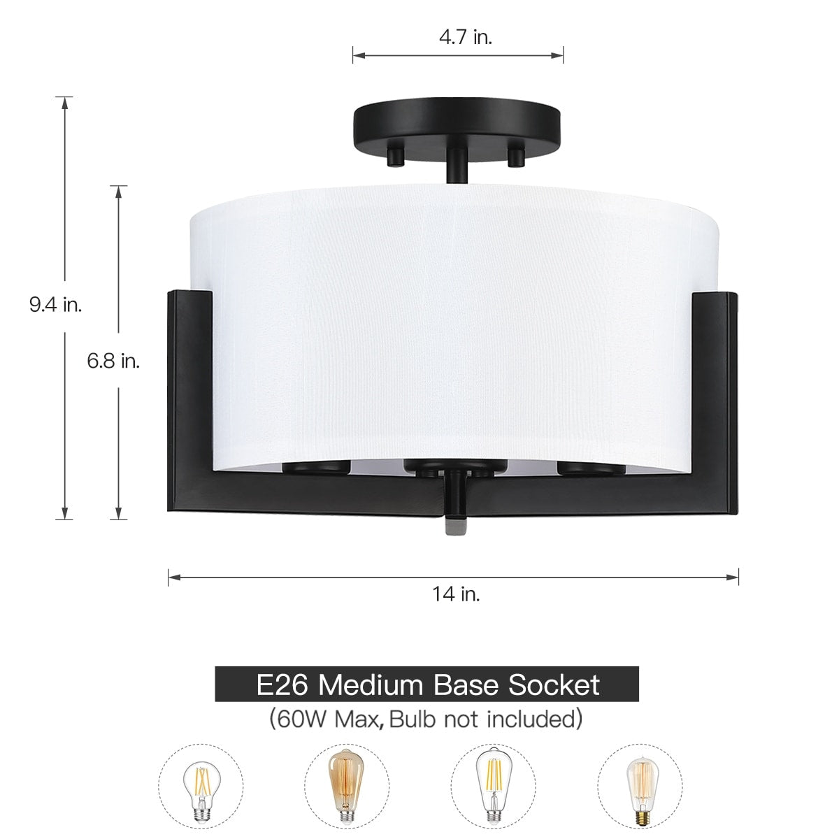 14 in. 3-Light Matte Black Semi-Flush Mount Ceiling Light with Drum Shade - 14"W