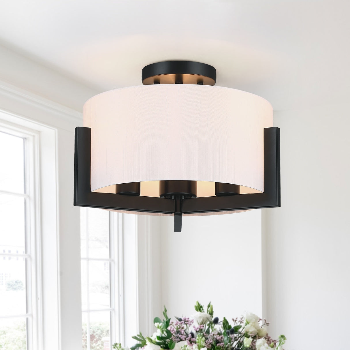 14 in. 3-Light Matte Black Semi-Flush Mount Ceiling Light with Drum Shade - 14"W