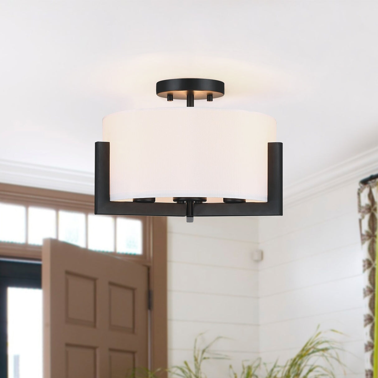 14 in. 3-Light Matte Black Semi-Flush Mount Ceiling Light with Drum Shade - 14"W