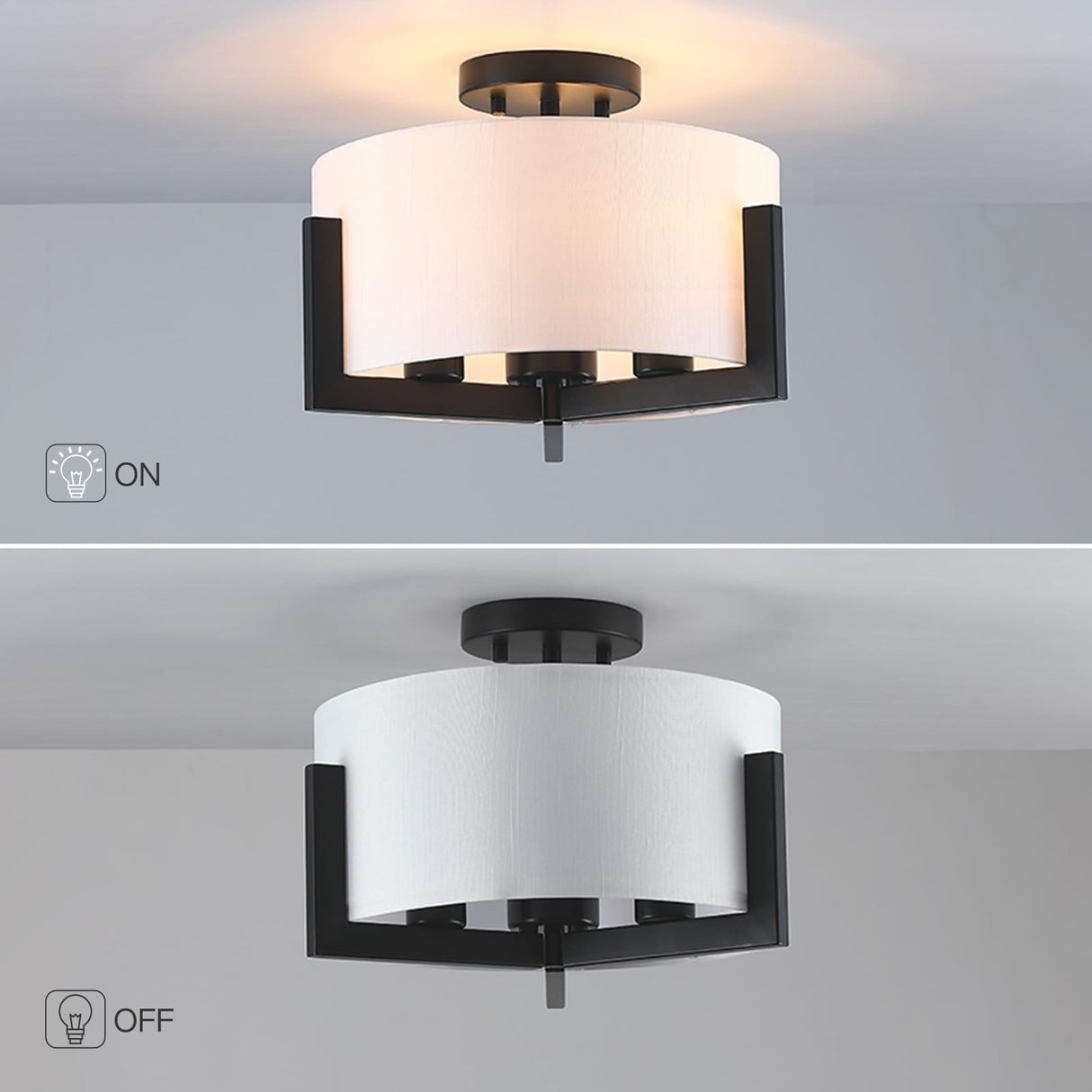14 in. 3-Light Matte Black Semi-Flush Mount Ceiling Light with Drum Shade - 14"W