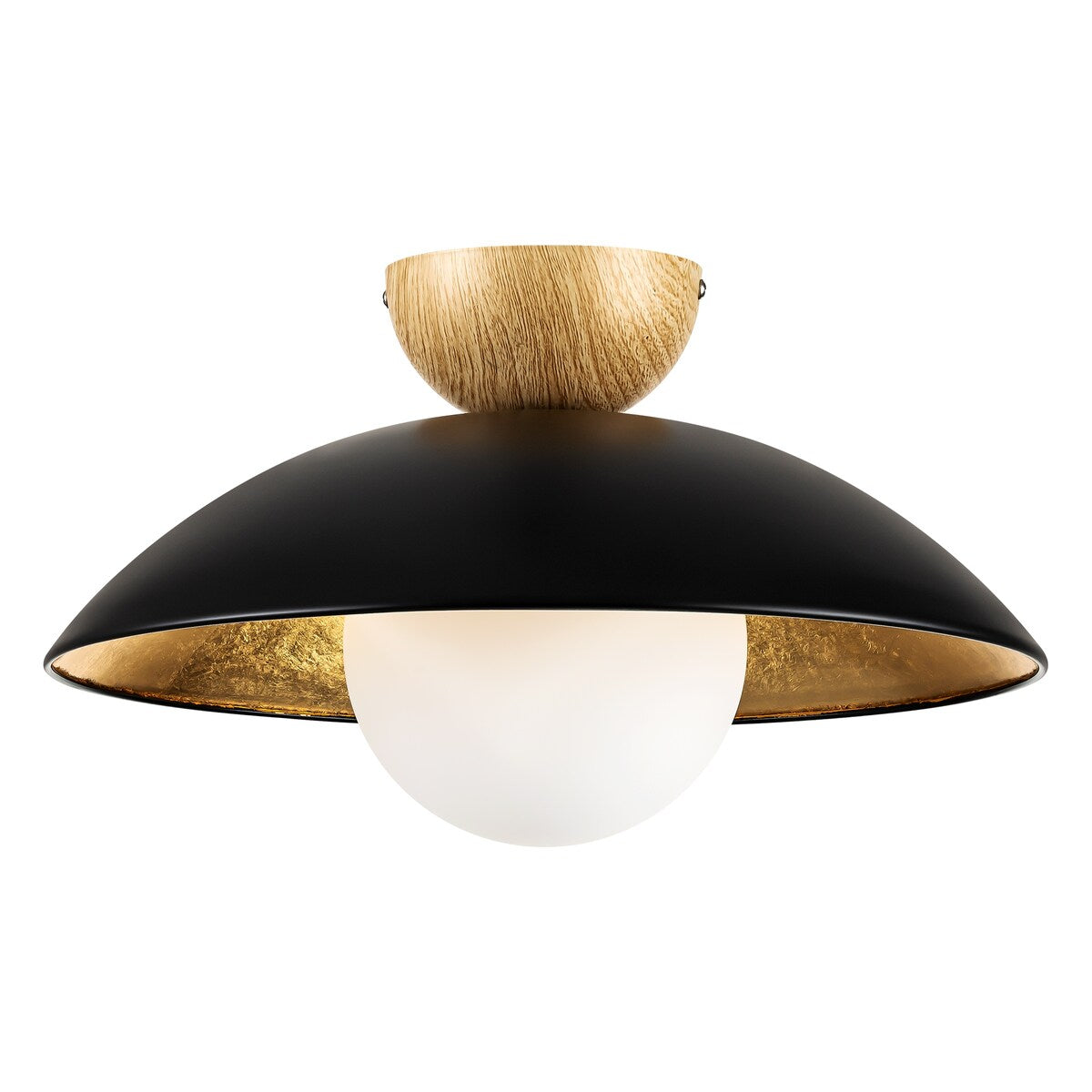 14.5 in. 1-Light Wood Gold Leaf Dome Semi-Flush Mount Light with Opal Glass Globe - 14.5 in. W x 8.2 in. H