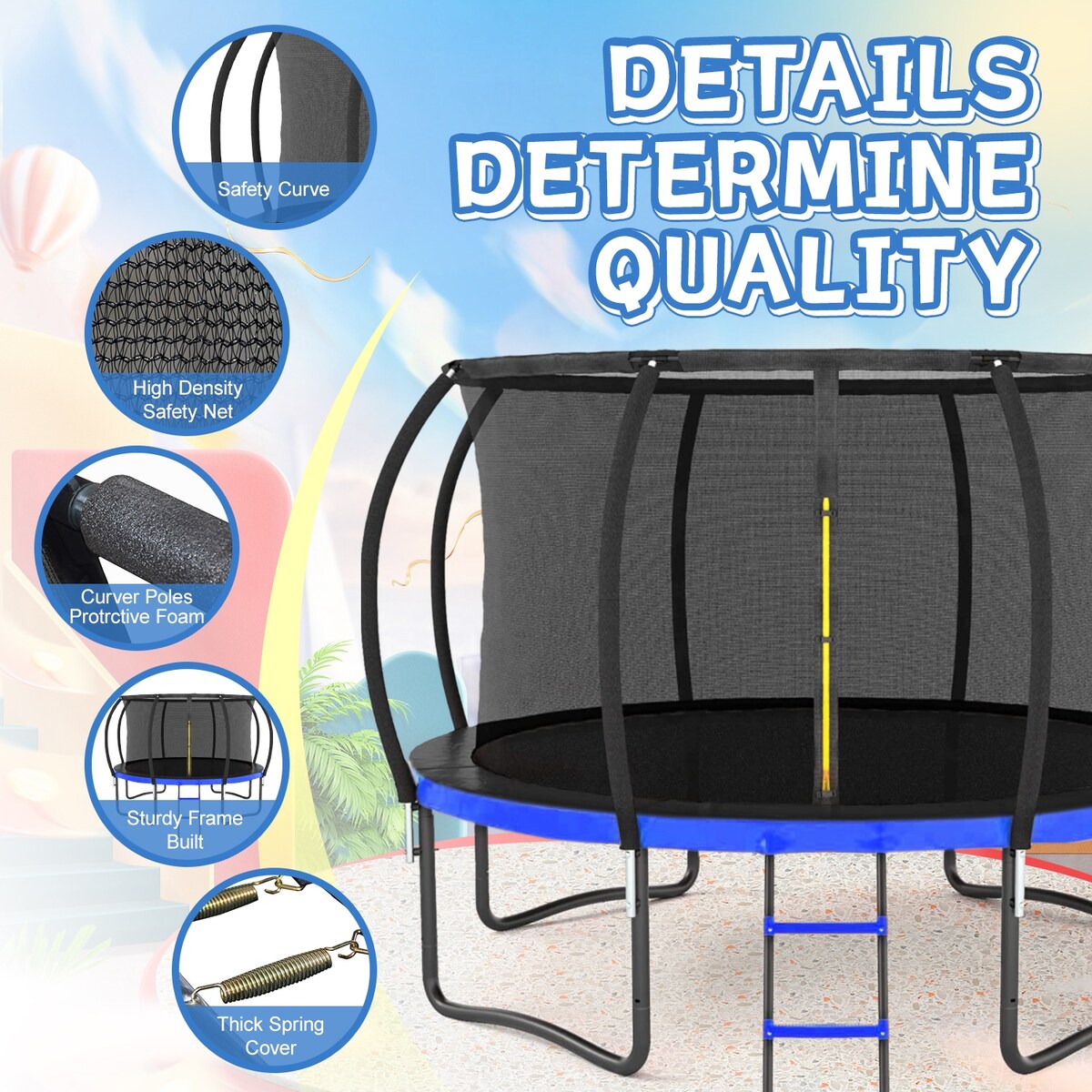 14FT Outdoor Big Trampoline Inner Safety Enclosure Net, Ladder, PVC Spring Cover Padding