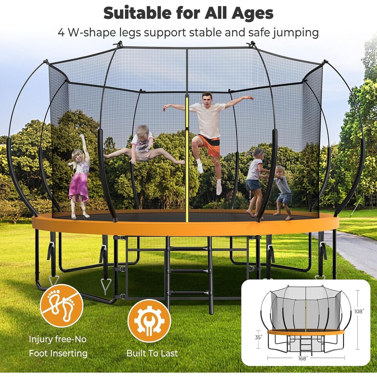 14FT Trampoline for Kids and Adults, Outdoor Trampolines with Curved Fiberglass Rods