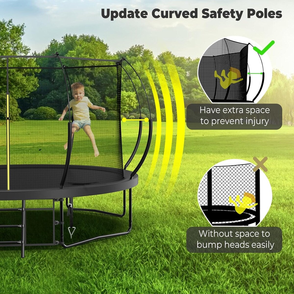 14FT Trampoline for Kids and Adults, Outdoor Trampolines with Curved Fiberglass Rods