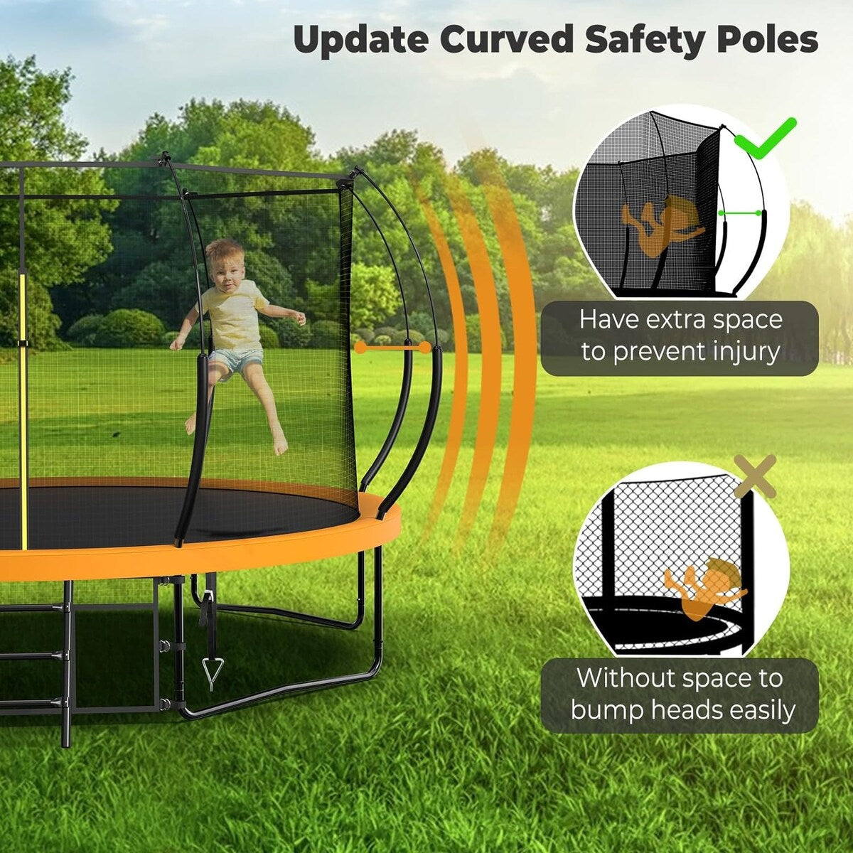 14FT Trampoline for Kids and Adults, Outdoor Trampolines with Curved Fiberglass Rods