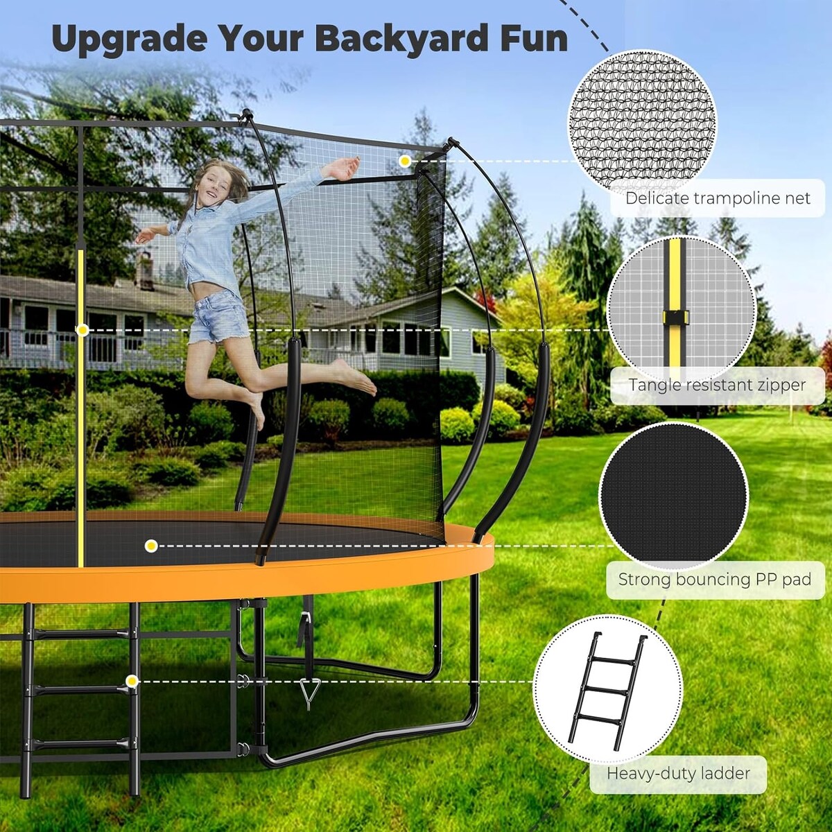 14FT Trampoline for Kids and Adults, Outdoor Trampolines with Curved Fiberglass Rods