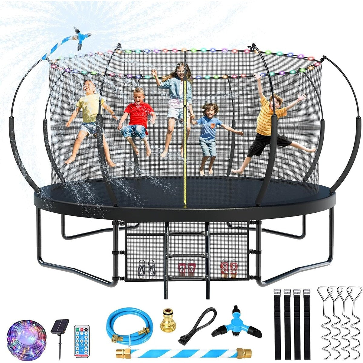 14FT Trampoline for Kids and Adults, Outdoor Trampolines with Curved Fiberglass Rods