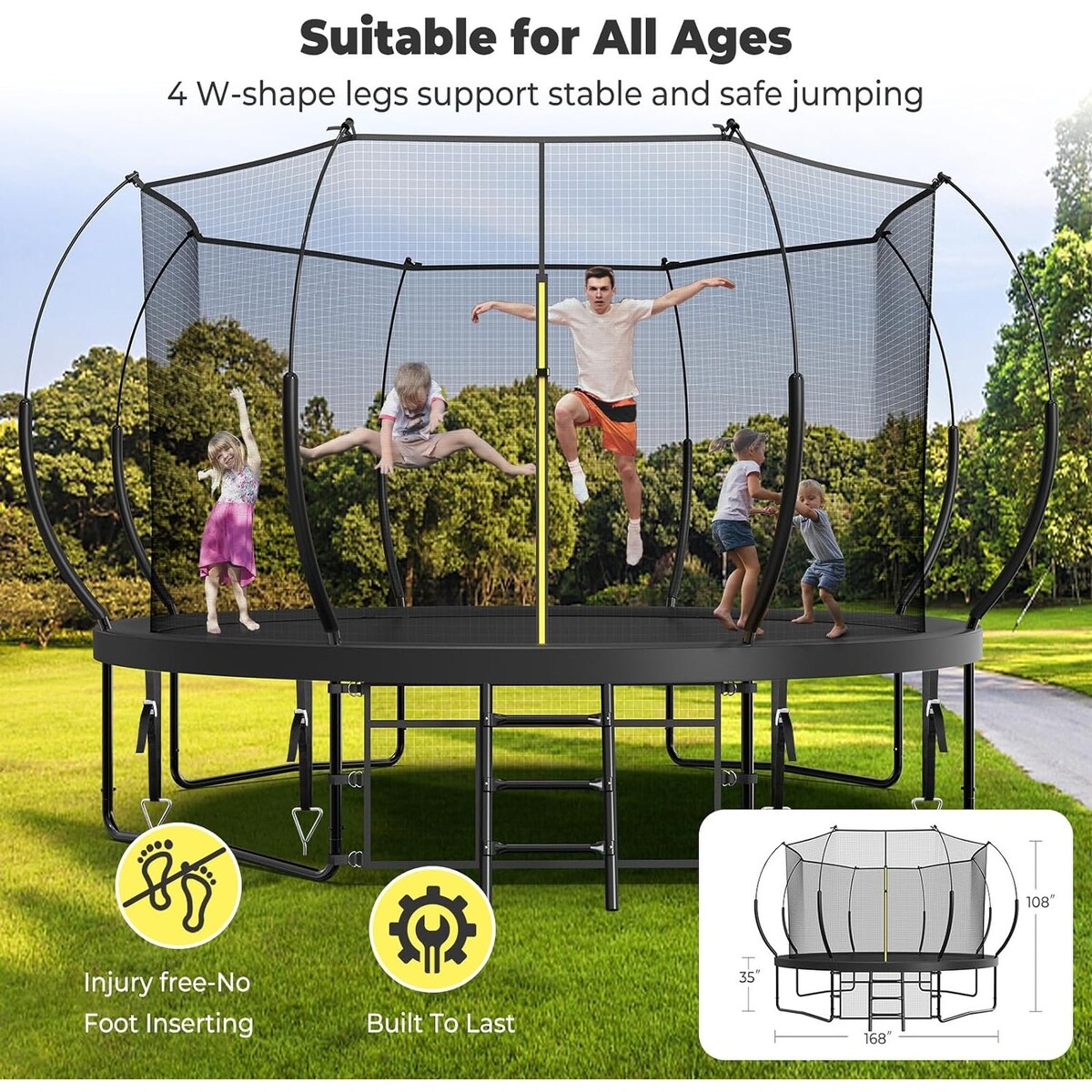 14FT Trampoline for Kids and Adults, Outdoor Trampolines with Curved Fiberglass Rods