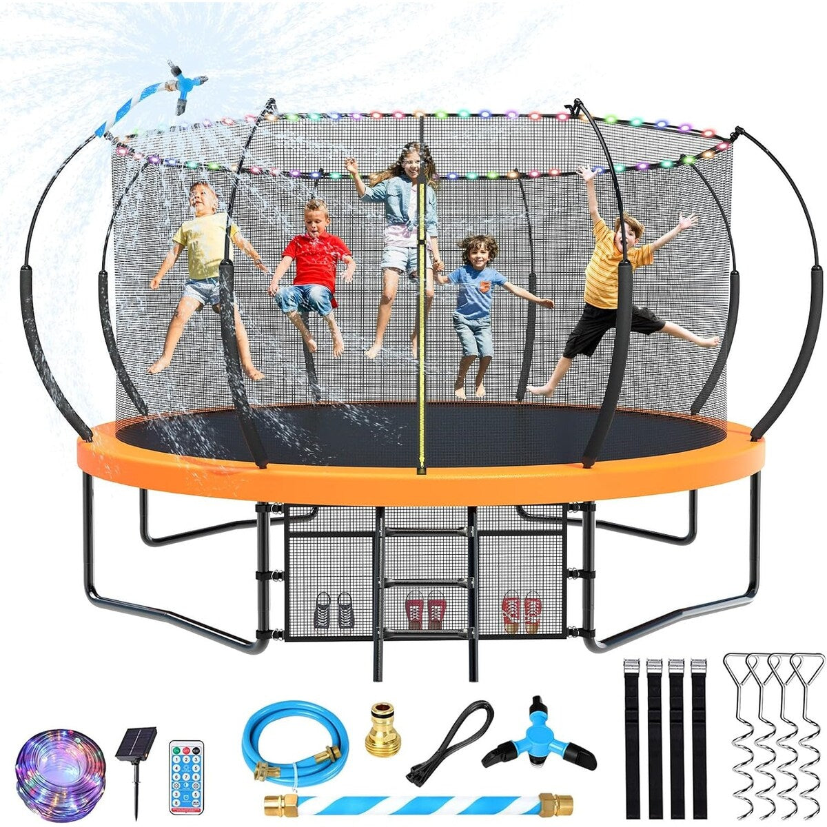 14FT Trampoline for Kids and Adults, Outdoor Trampolines with Curved Fiberglass Rods