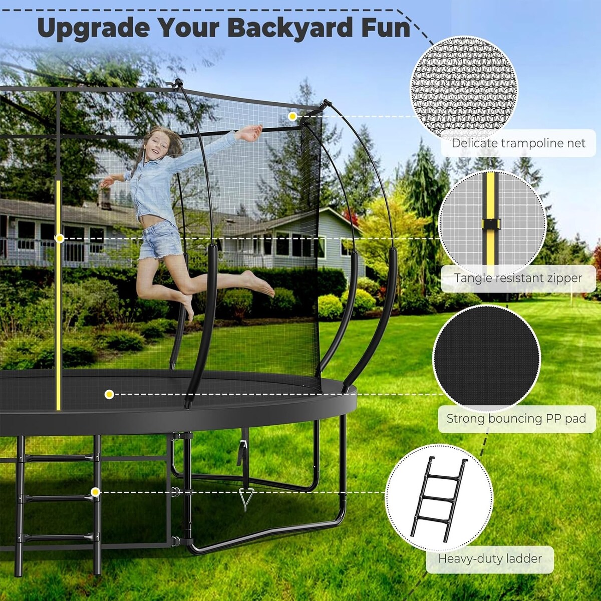 14FT Trampoline for Kids and Adults, Outdoor Trampolines with Curved Fiberglass Rods