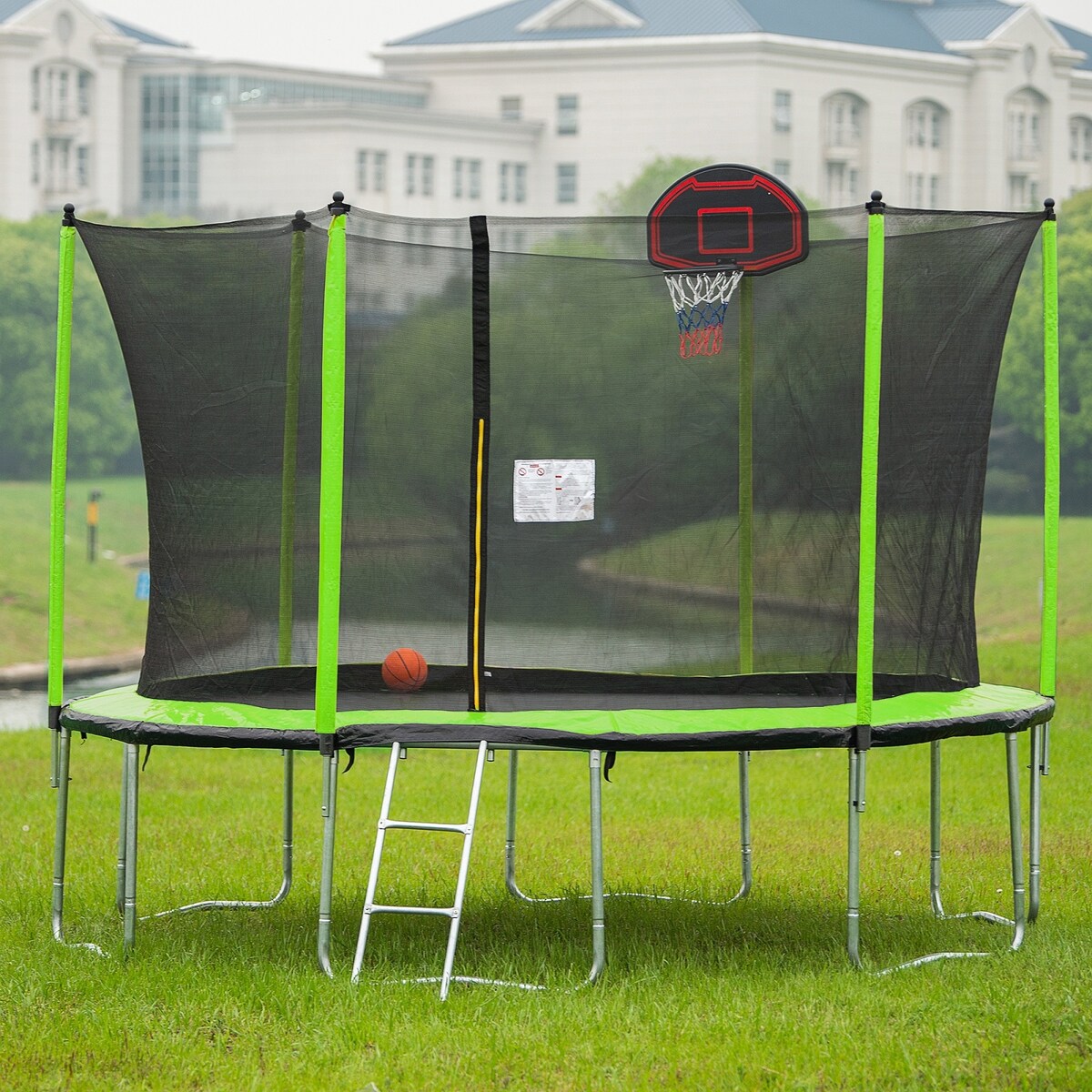 14FT Trampoline with Basketball Reinforced Jumping Mat and Ladder