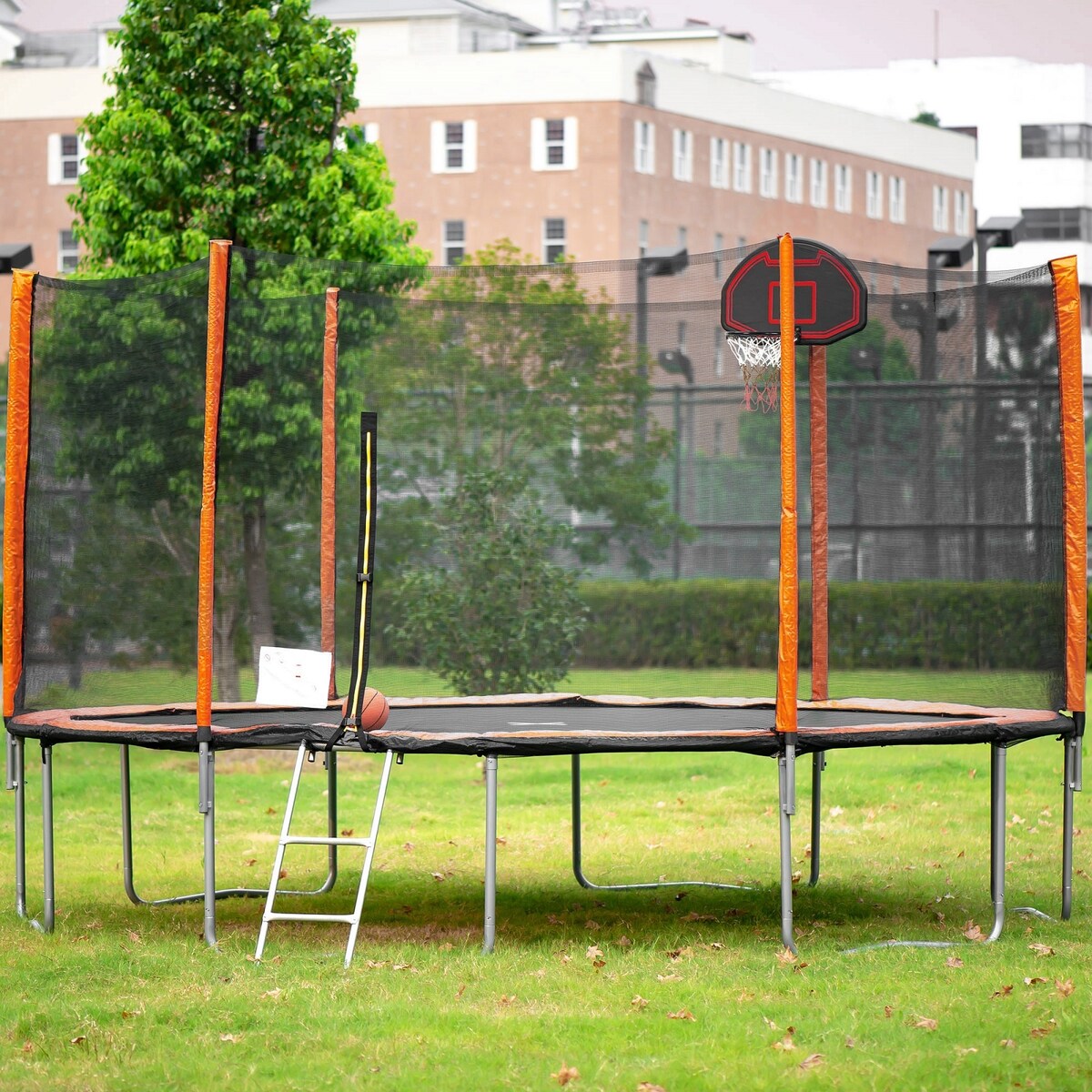 14FT Trampoline with Basketball Reinforced Jumping Mat and Ladder