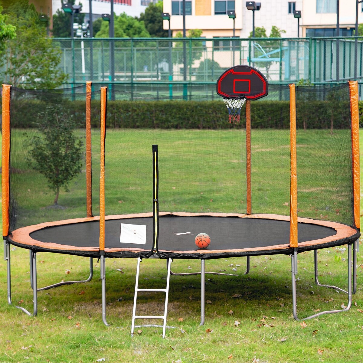 14FT Trampoline with Basketball Reinforced Jumping Mat and Ladder